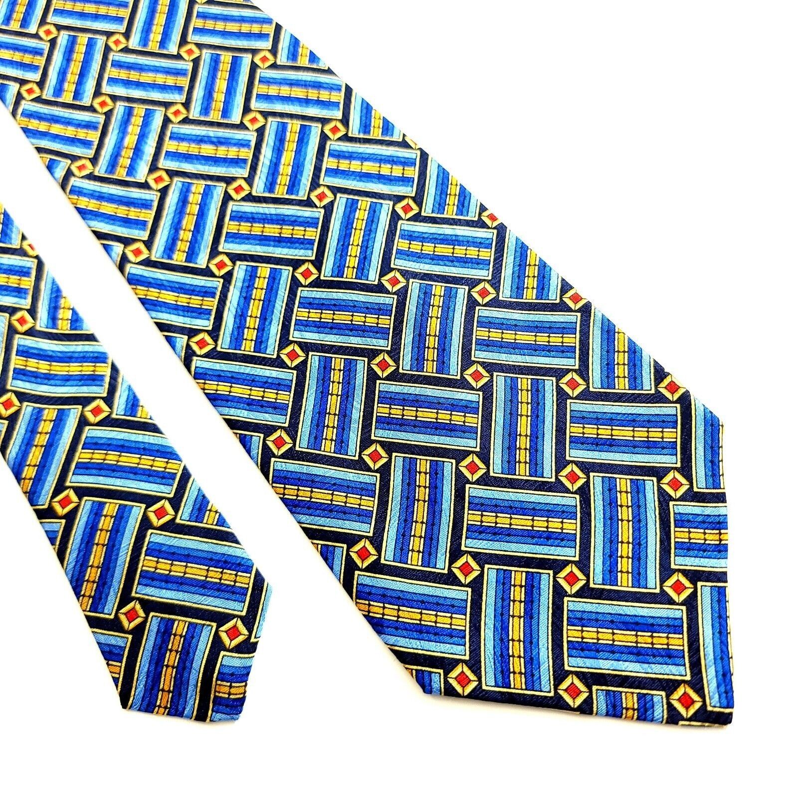 Designer Tino Cojuna Blue Geometric Jacquard Print Wide Silk Tie Size ONE SIZE - 1 Thumbnail