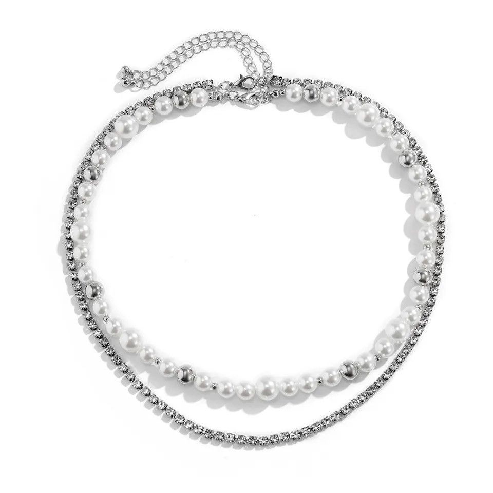 Other Pearl Necklace Diamond Chain Stones Classic Silver Bead Size ONE SIZE - 6 Thumbnail