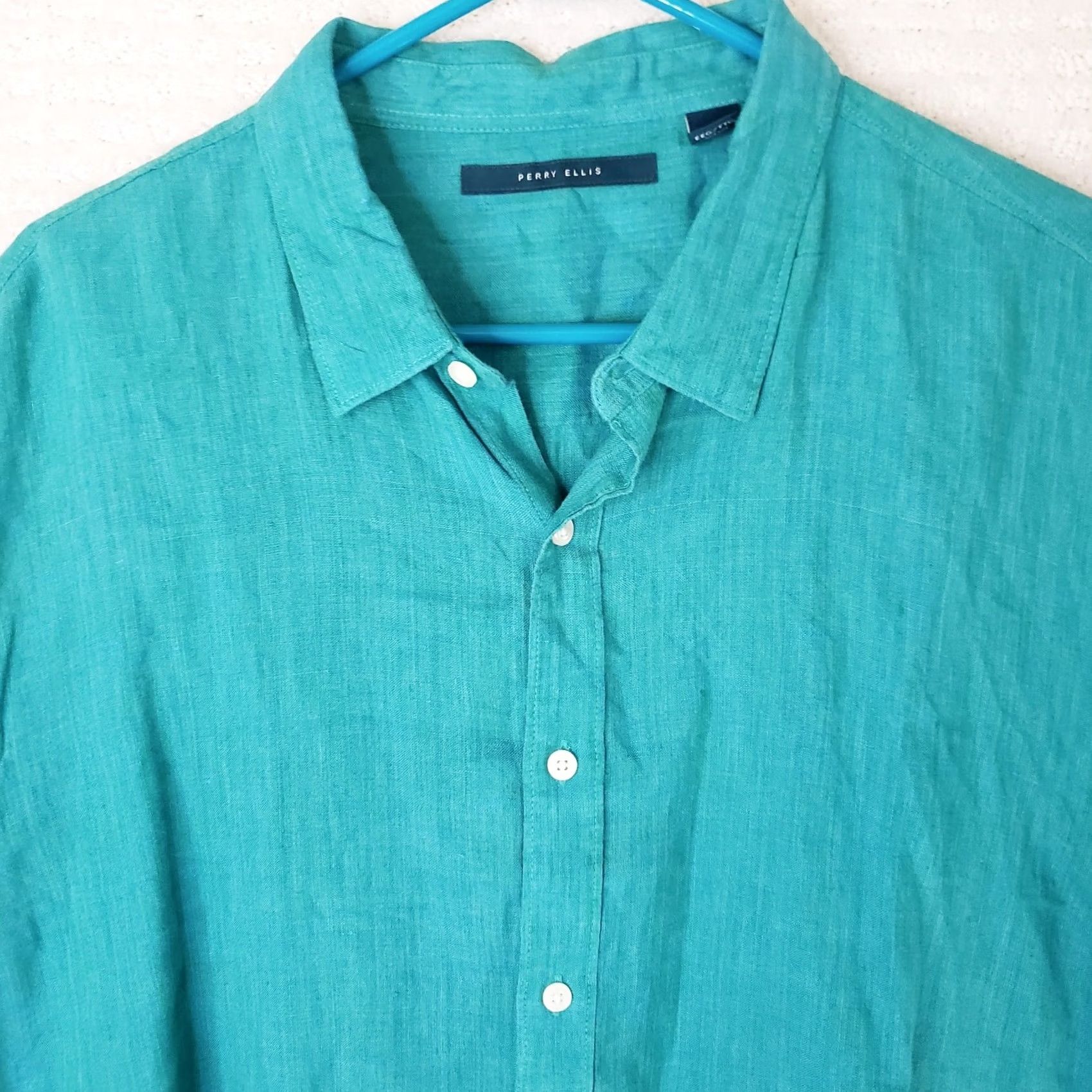 Perry Ellis Perry Ellis Linen Shirt Teal Men's XXL Short Sleeve Button Front Casual Size US XXL / EU 58 / 5 - 3 Thumbnail