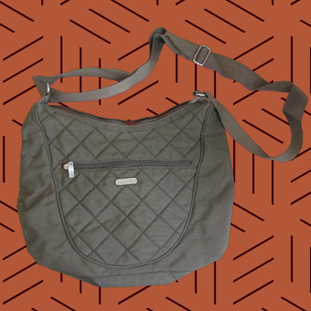 Vintage Baggallini Quilted Nylon Shoulder Bag With Adjustable Strap, Olive Green Medium Handbag Purse + Wallet For Women