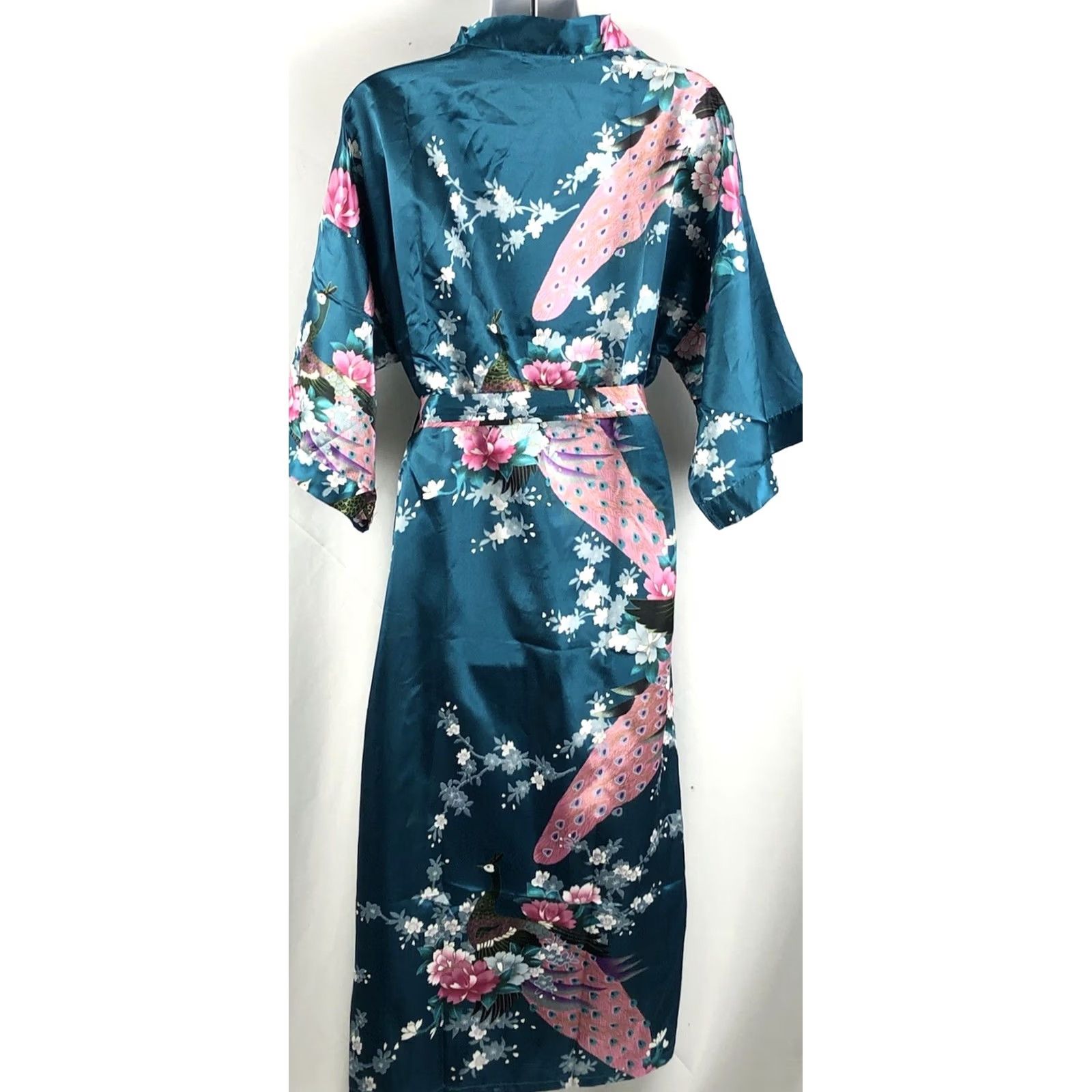 Vintage Boutique Kimono Robe S Teal Pink Peacock Floral Satin Maxi Belted Japan Womens Size ONE SIZE - 3 Thumbnail