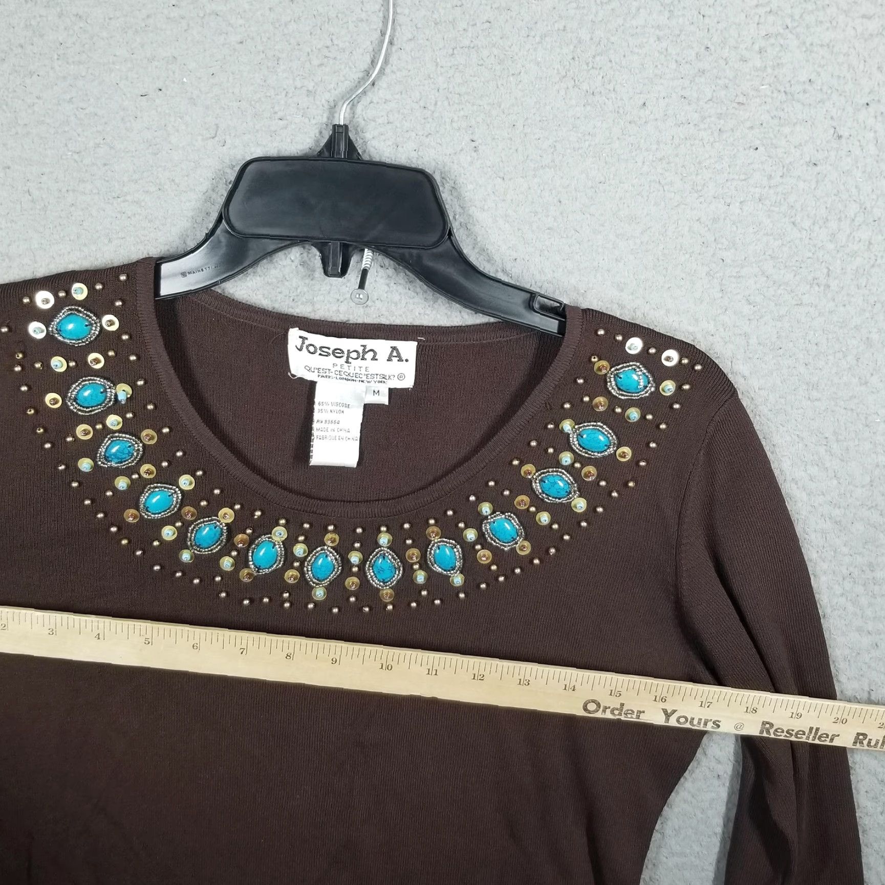 Vintage VINTAGE Joseph A. Petite Sweater Women’s M 3/4 Sleeve Brown Turquoise Jewel Studded Embellished Knit Pullover Ladies Meters? Size M / US 6-8 / IT 42-44 - 6 Thumbnail