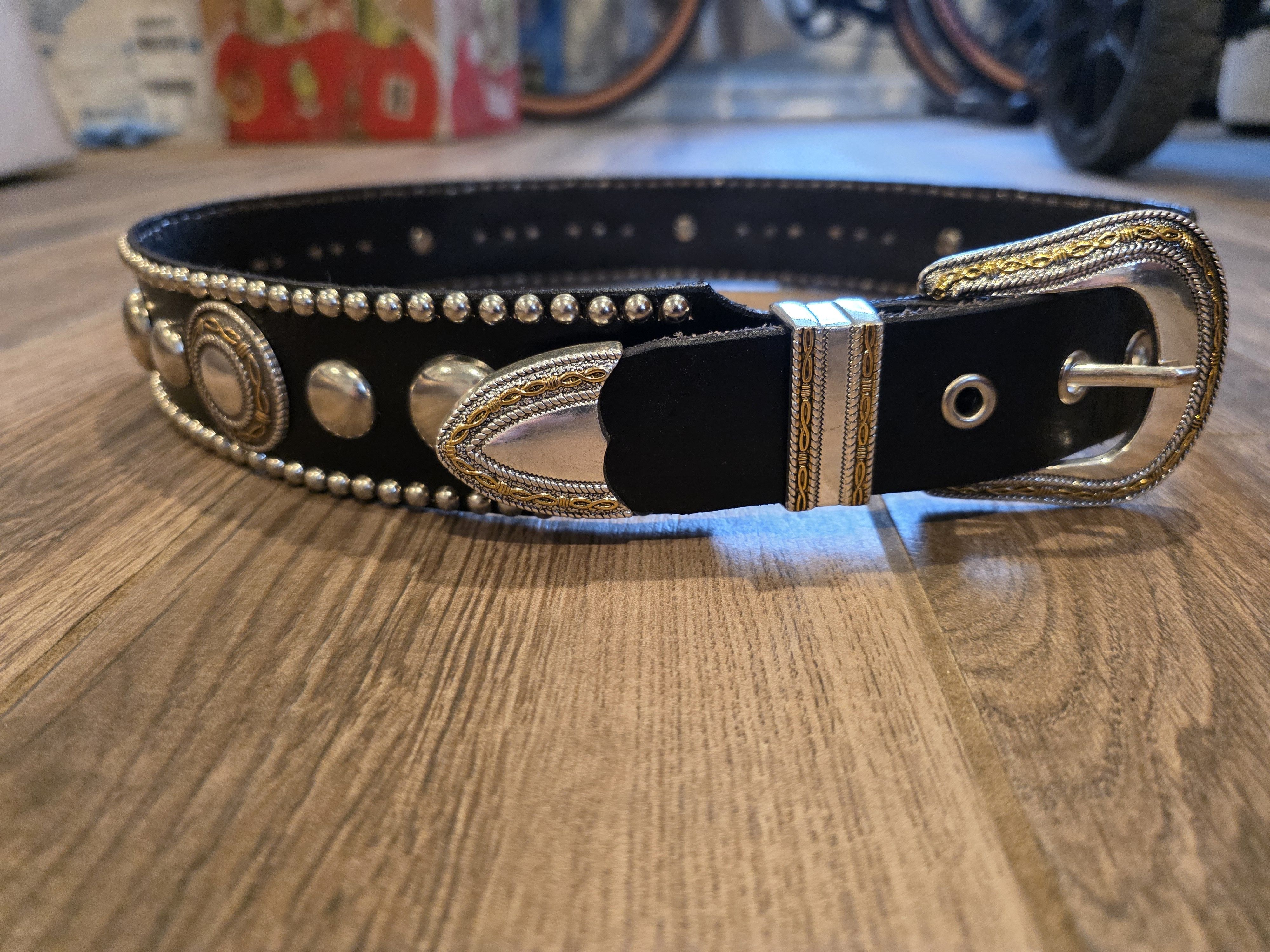 Other Black Leather Belt Western 34 Concho Outlaw Rock Metal Size 34 - 1 Thumbnail