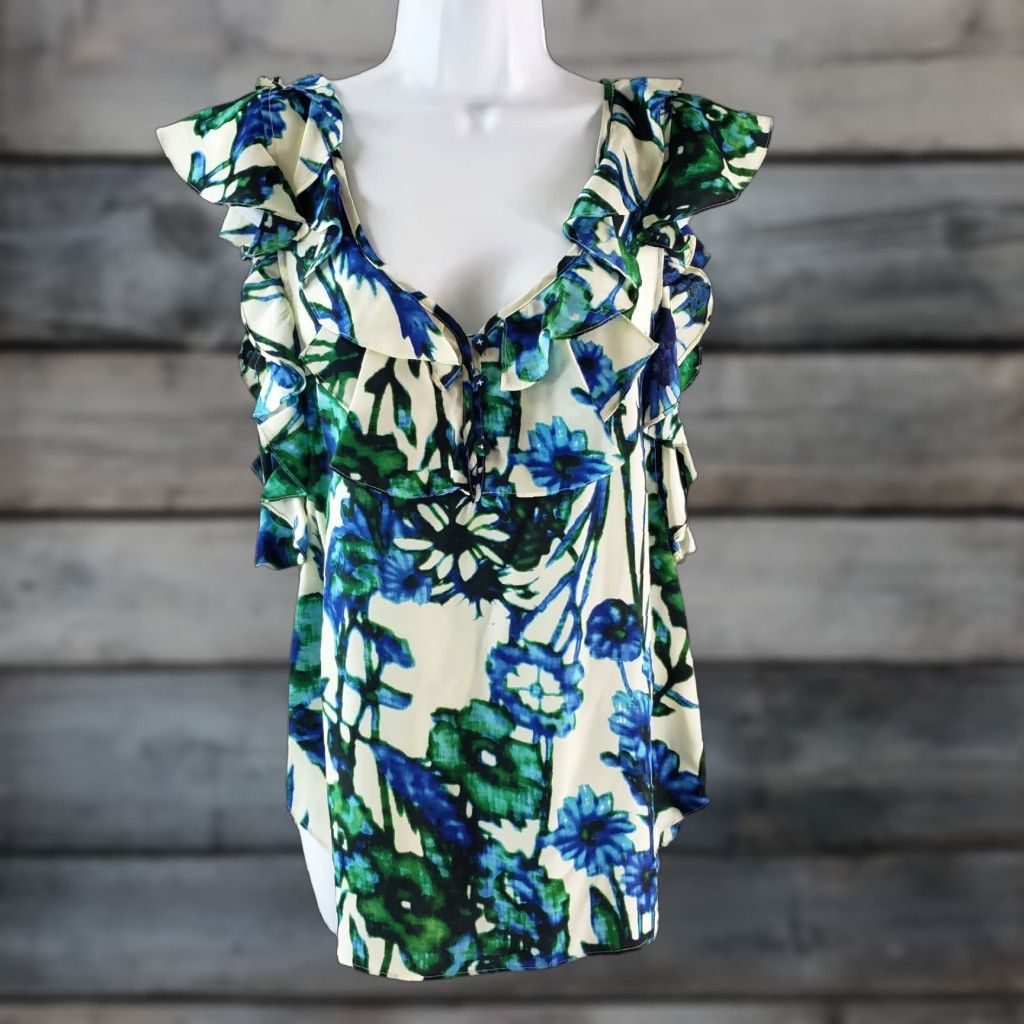 Rebecca Taylor Rebecca Taylor Womens Silk Top Sz 8 Blue Green Floral Sleeveless Scoop Neck Blouse Size M / US 6-8 / IT 42-44 - 1 Thumbnail
