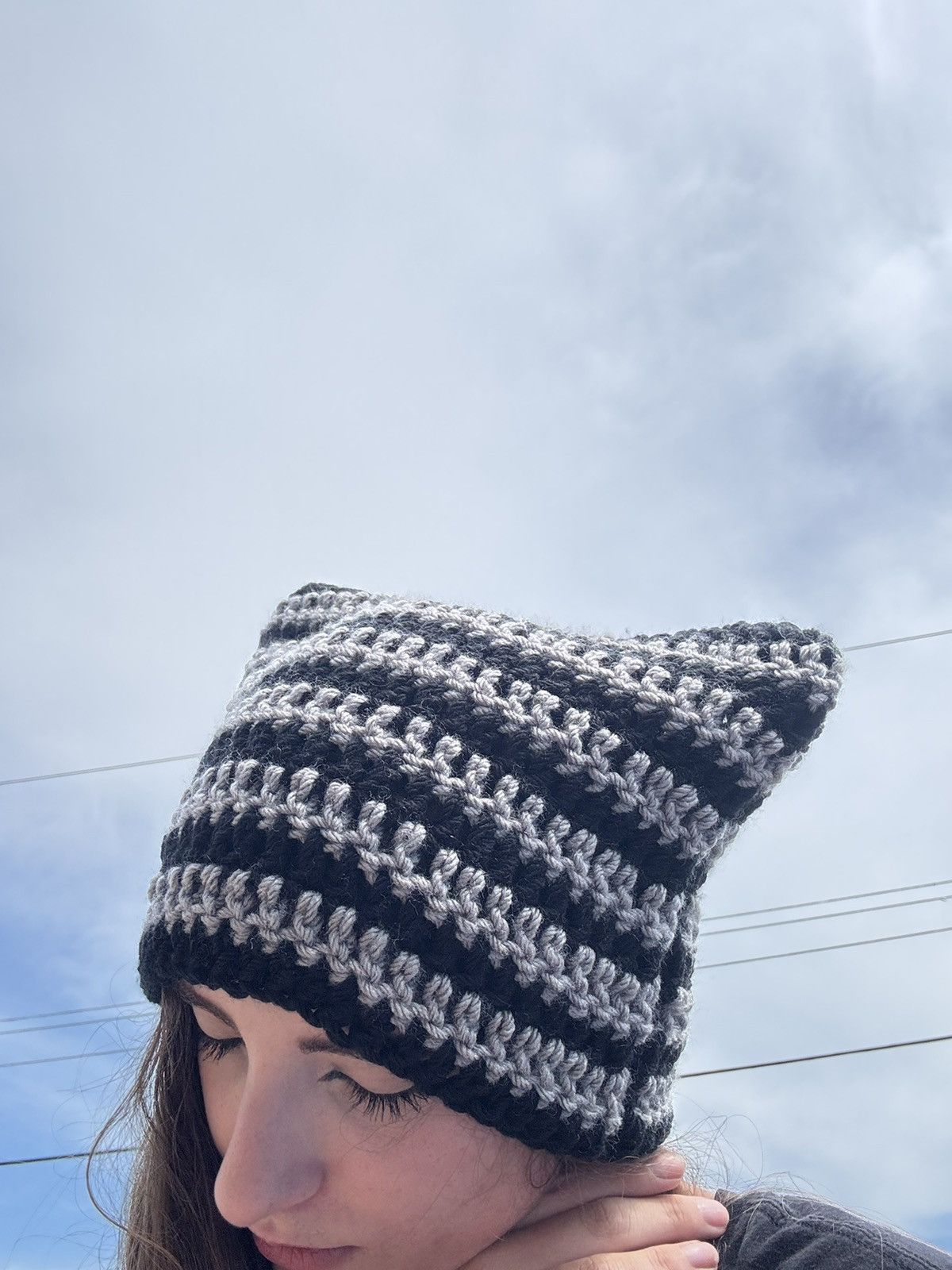 Handmade Crochet Cat Beanie - Black & Gray Size ONE SIZE - 6 Thumbnail