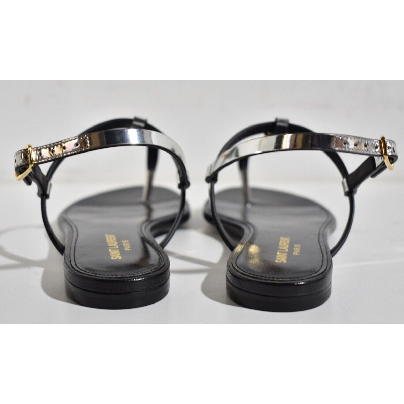 Yves Saint Laurent Saint Laurent YSL Logo Cassandra Iota 05 Silver Black Thong Size US 8 / IT 38 - 11 Thumbnail