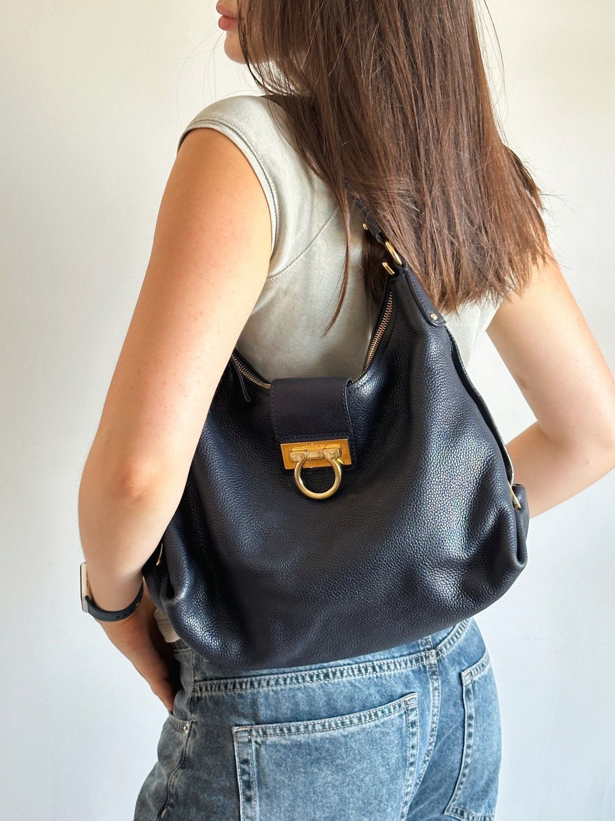Salvatore Ferragamo Salvatore Ferragamo Blue Pebbled Leather Gancini Hobo Bag Size ONE SIZE - 1 Thumbnail