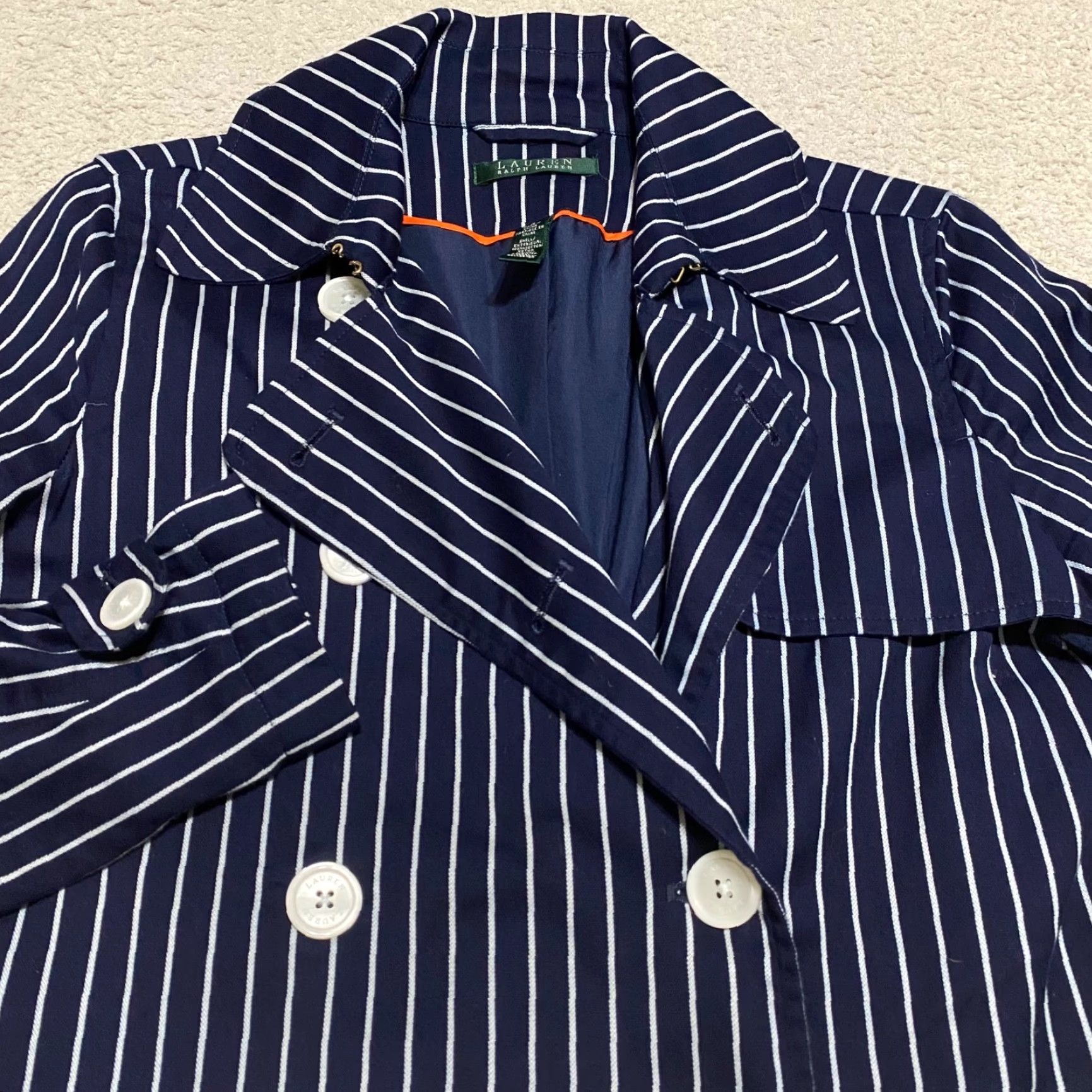 Ralph Lauren Lauren Ralph Lauren Womens Trench Coat Blue Striped Lined Cotton Mid-Length Long Sleeve Small SS Regular Womens - 90s? No, just title. Size S / US 4 / IT 40 - 5 Thumbnail