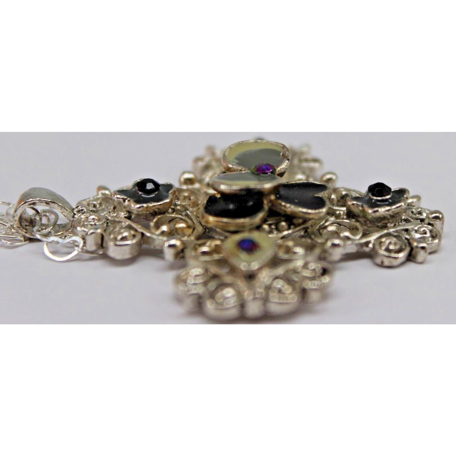 Other Silvertone Enamel Pansy AB Rhinestone Cross Necklace 24" Size ONE SIZE - 5 Thumbnail