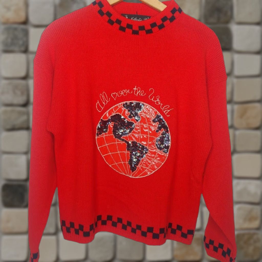 Vintage VINTAGE Nathalie B Sweater Womens Small Red All Over The World Sequin Travel 1980s Size S / US 4 / IT 40 - 1 Thumbnail