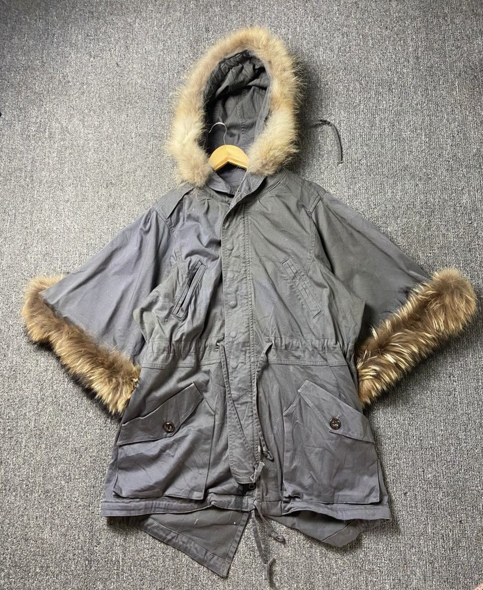 Japanese Brand En Recre Vintage Military Style Poncho with Fur (202) Size US S / EU 44-46 / 1 - 1 Thumbnail
