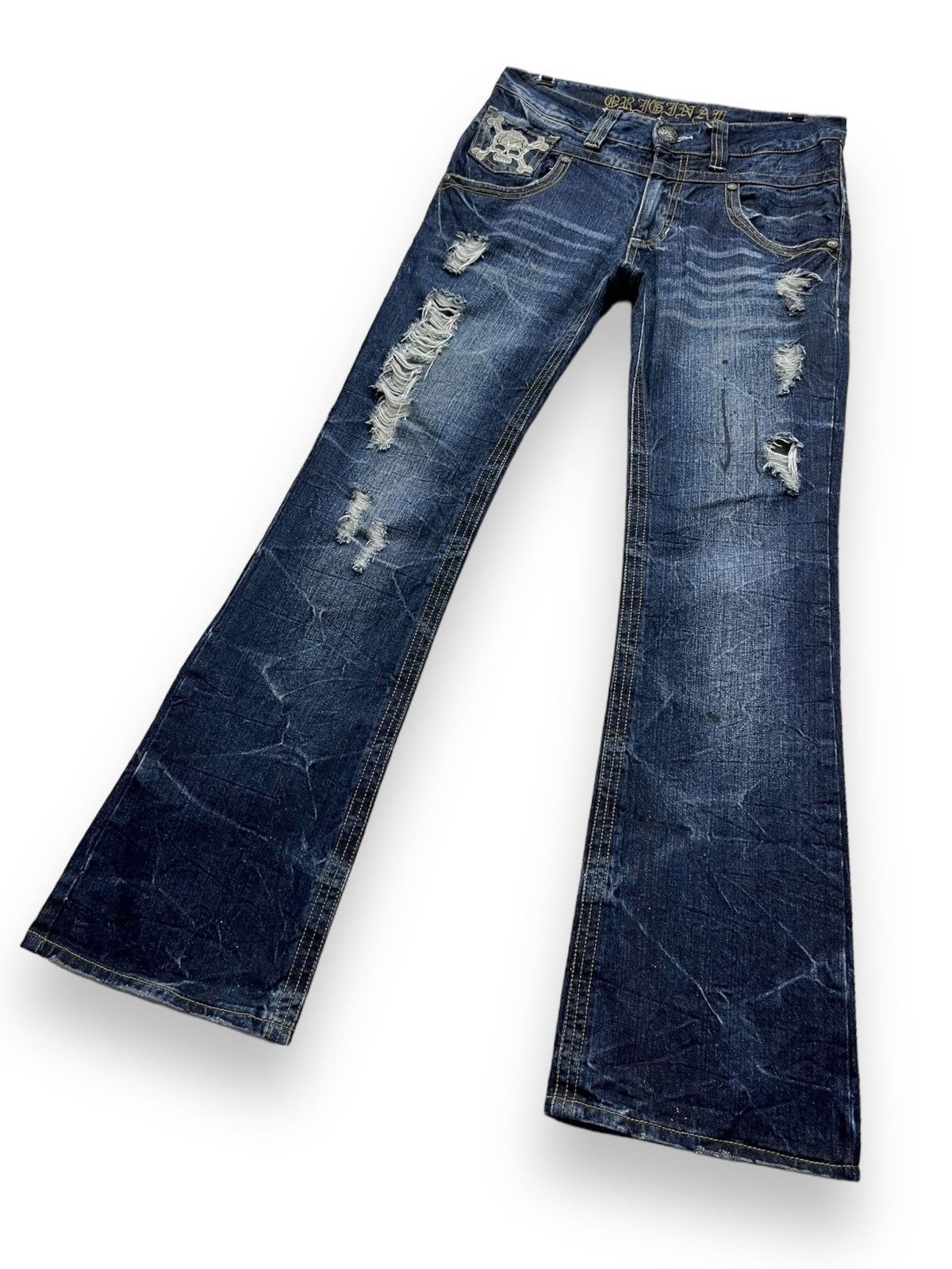 Skullcandy FLARE🔥 S&B Skull Embroidery Distressed Ripped Denim Pants Size US 31 - 7 Thumbnail
