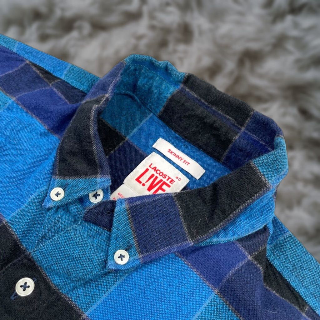 VINTAGE: No — Lacoste L!VE Men’s Flannel Button Shirt Slim Fit Plaid Blue/Teal/Black Long Sleeve 40 (FR) Size Cotton Casual Mens Shirt