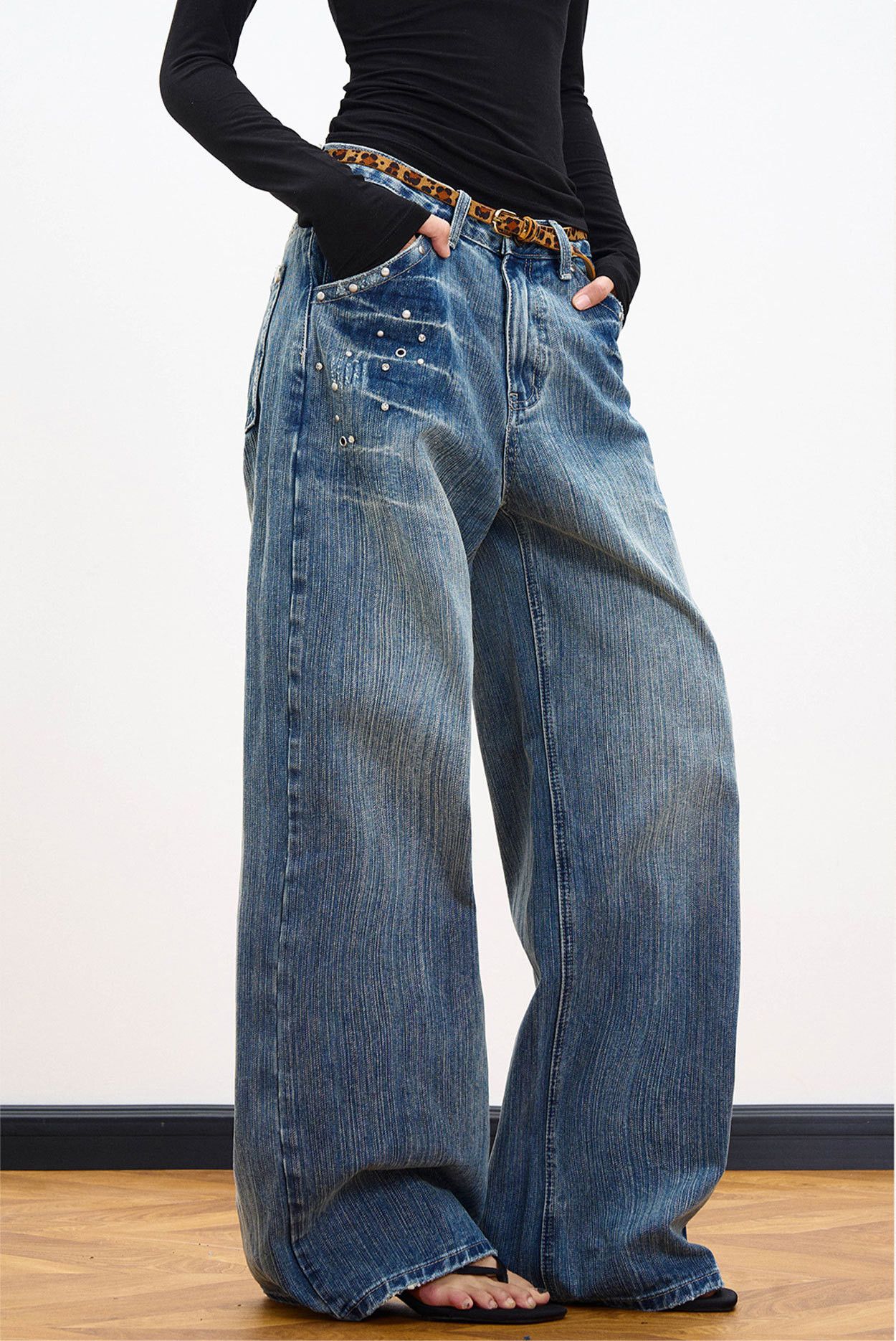 Vintage Men's American retro rivet washed distressed lightning jeans Size US 32 / EU 48 - 6 Thumbnail