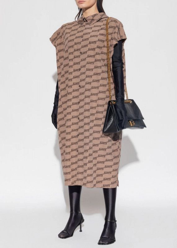 Balenciaga o1in1g1024 BB Monogram Swing Collar Rawcut Dress Beige/Brown Size XS / US 0-2 / IT 36-38 - 2 Thumbnail