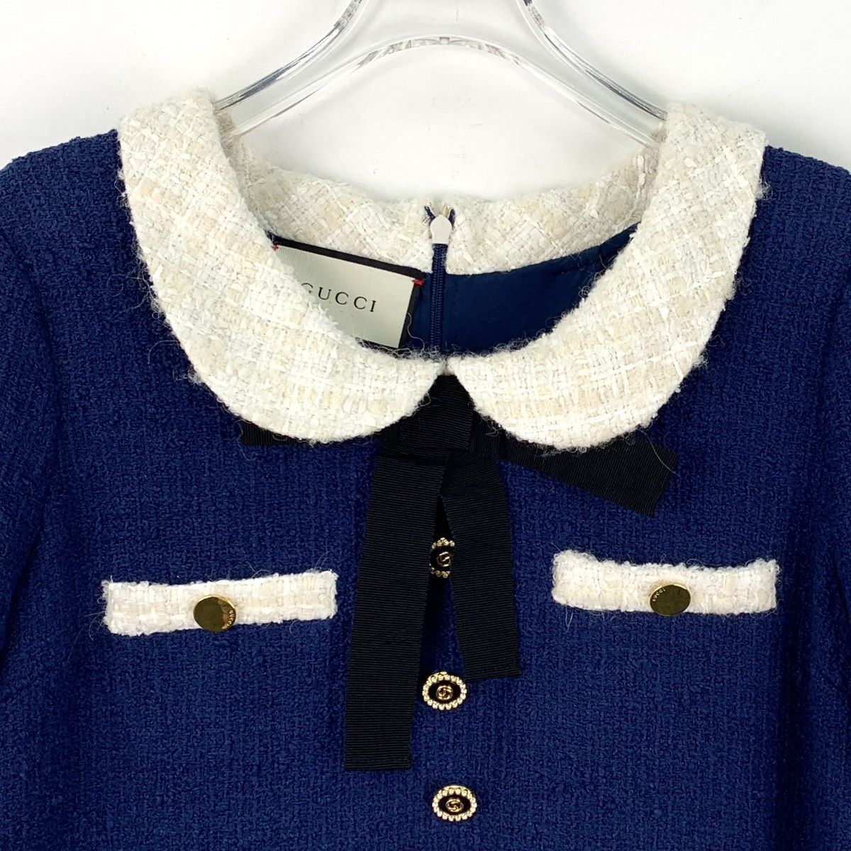 Gucci Gucci navy blue cotton babydoll collar bow woven tweed dress Size S / US 4 / IT 40 - 4 Thumbnail