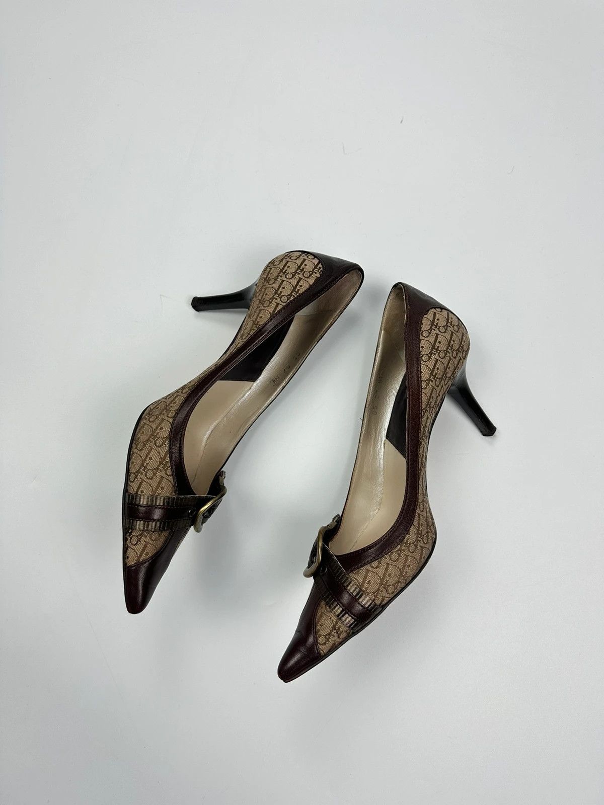 Dior Vintage Dior Monogram Heels Brown Leather with Gold Buckle Size US 7 / IT 37 - 8 Thumbnail