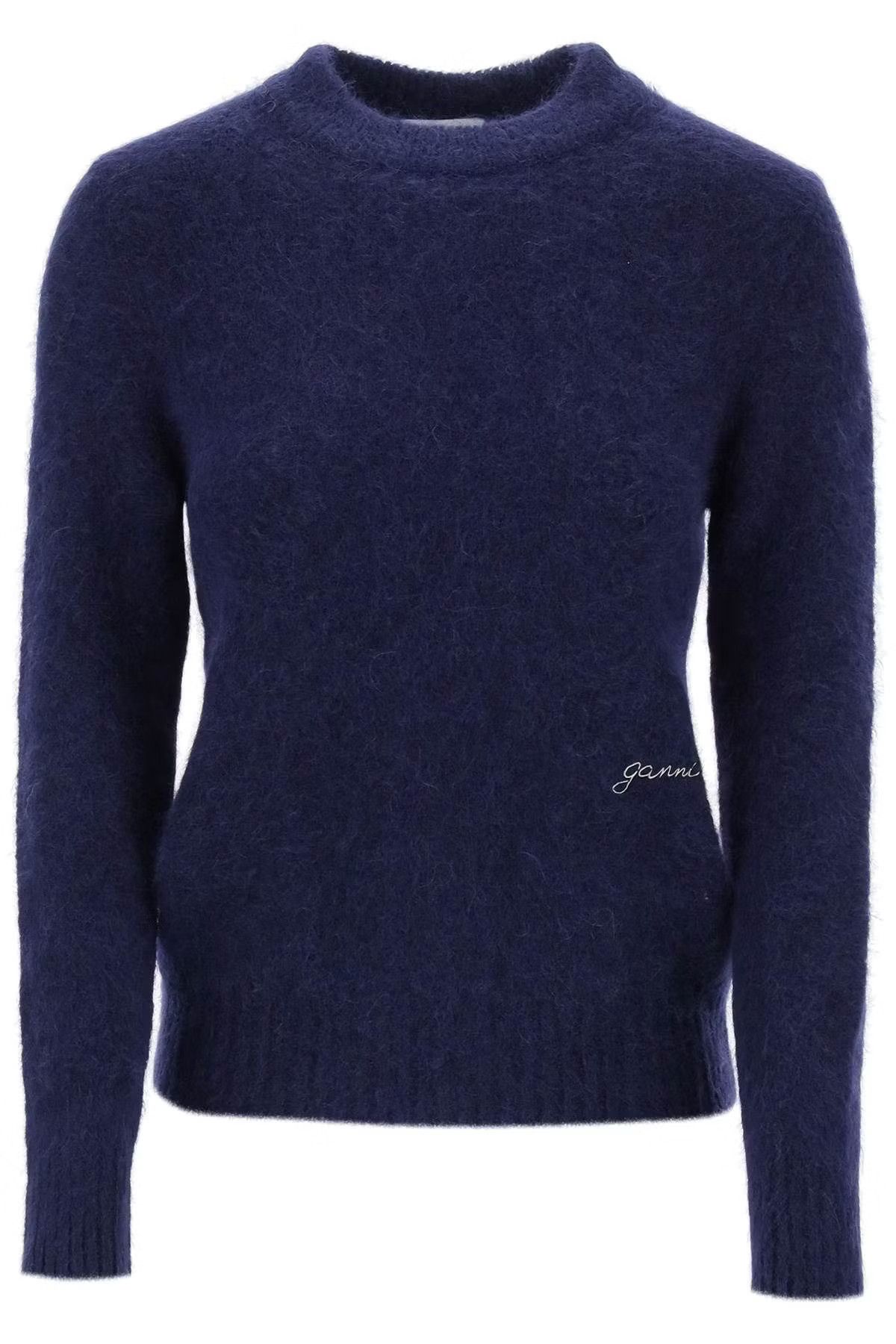 image of Ganni O1S22I1N0524 Brushed Alpaca & Wool Sweater In Blue, Women's (Size Small)