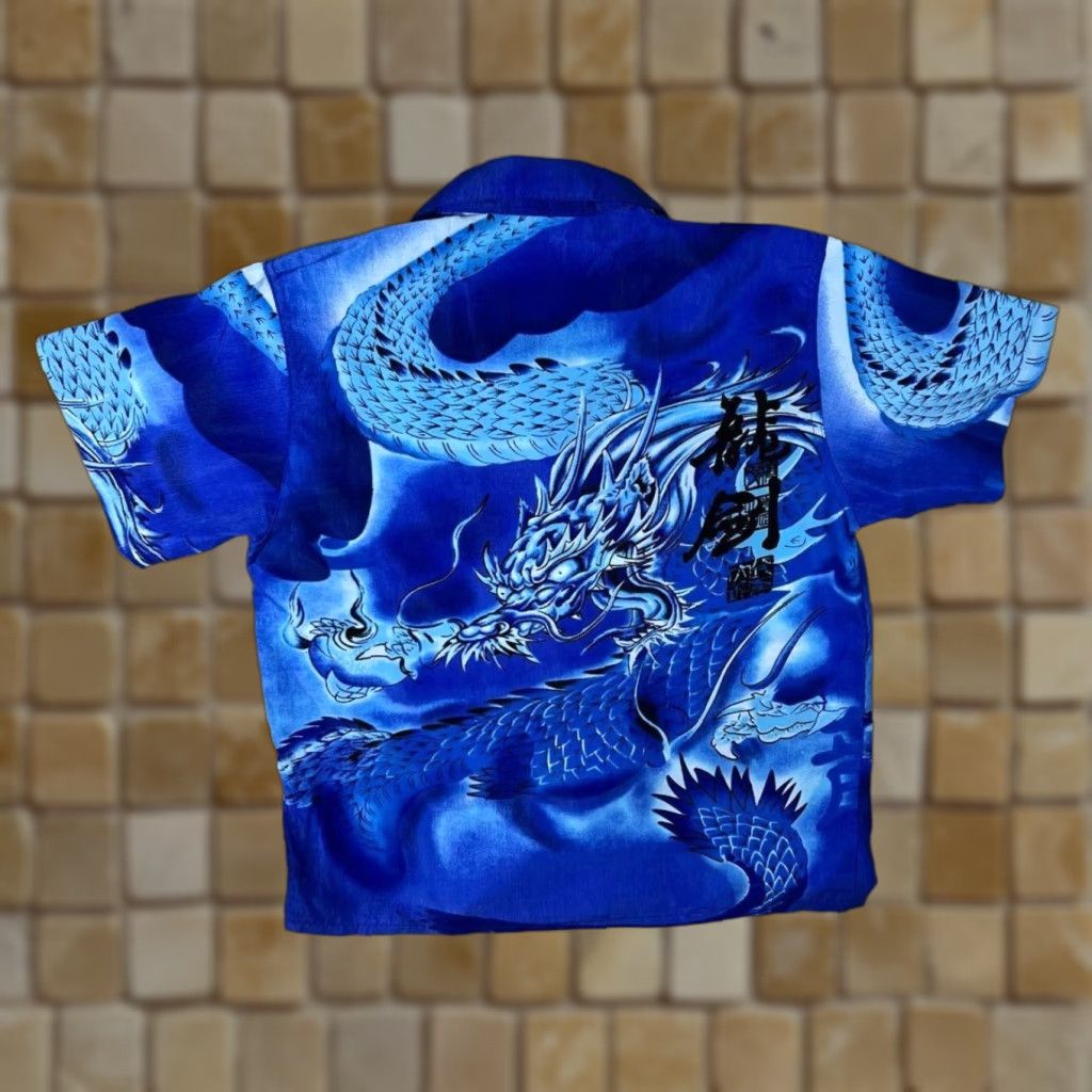 Vintage Qijin Goth Y2K Dragon Graphic Blue Open Collar Shirt XS Men Size US XS / EU 42 / 0 - 1 Thumbnail