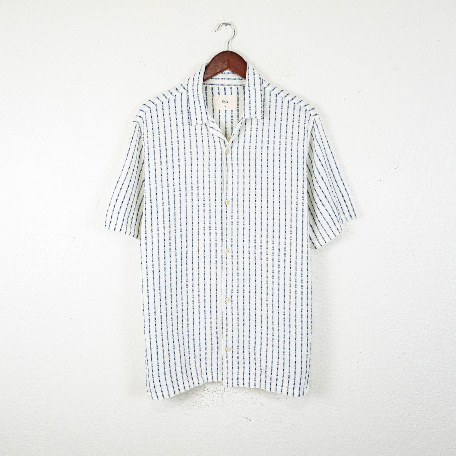 FOLK Clothing HARRIS Short Sleeve Shirt Ecru Navy Stripe XL