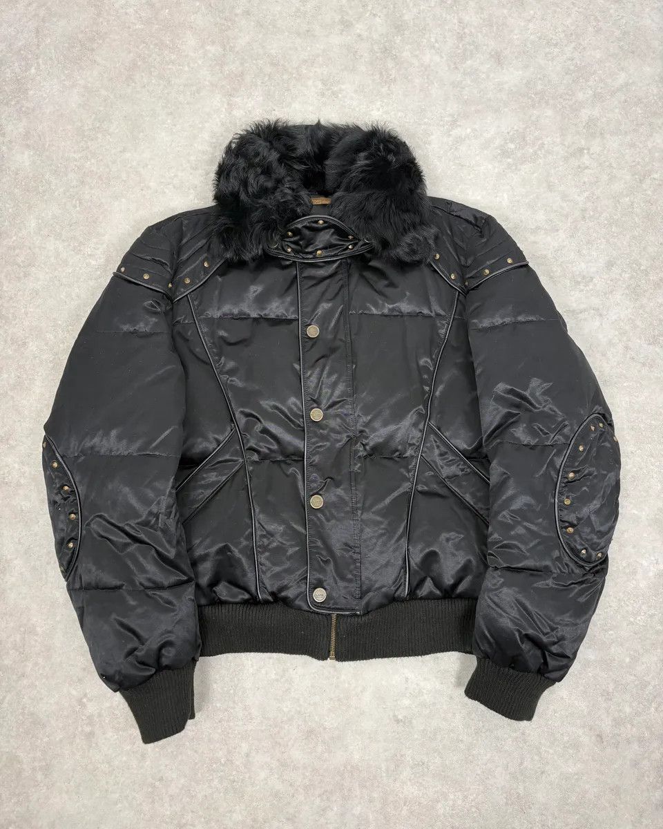 Roberto Cavalli 2000s Cavalli Fur Collar Black Puffer Studded Jacket Size US M / EU 48-50 / 2 - 1 Thumbnail