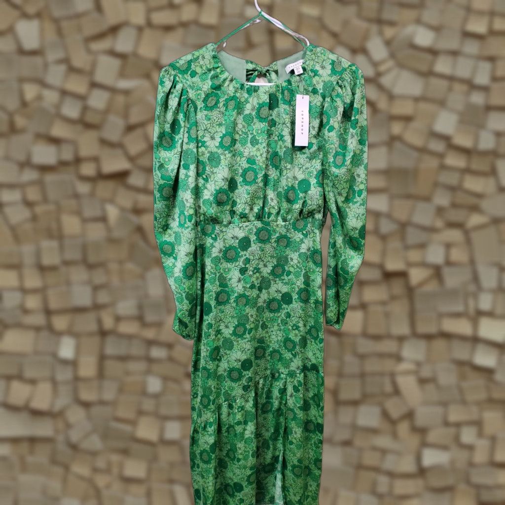 Topshop Green Floral Printed Midi Maxi Dress Long Sleeve Bow Puff Sleeve NWT