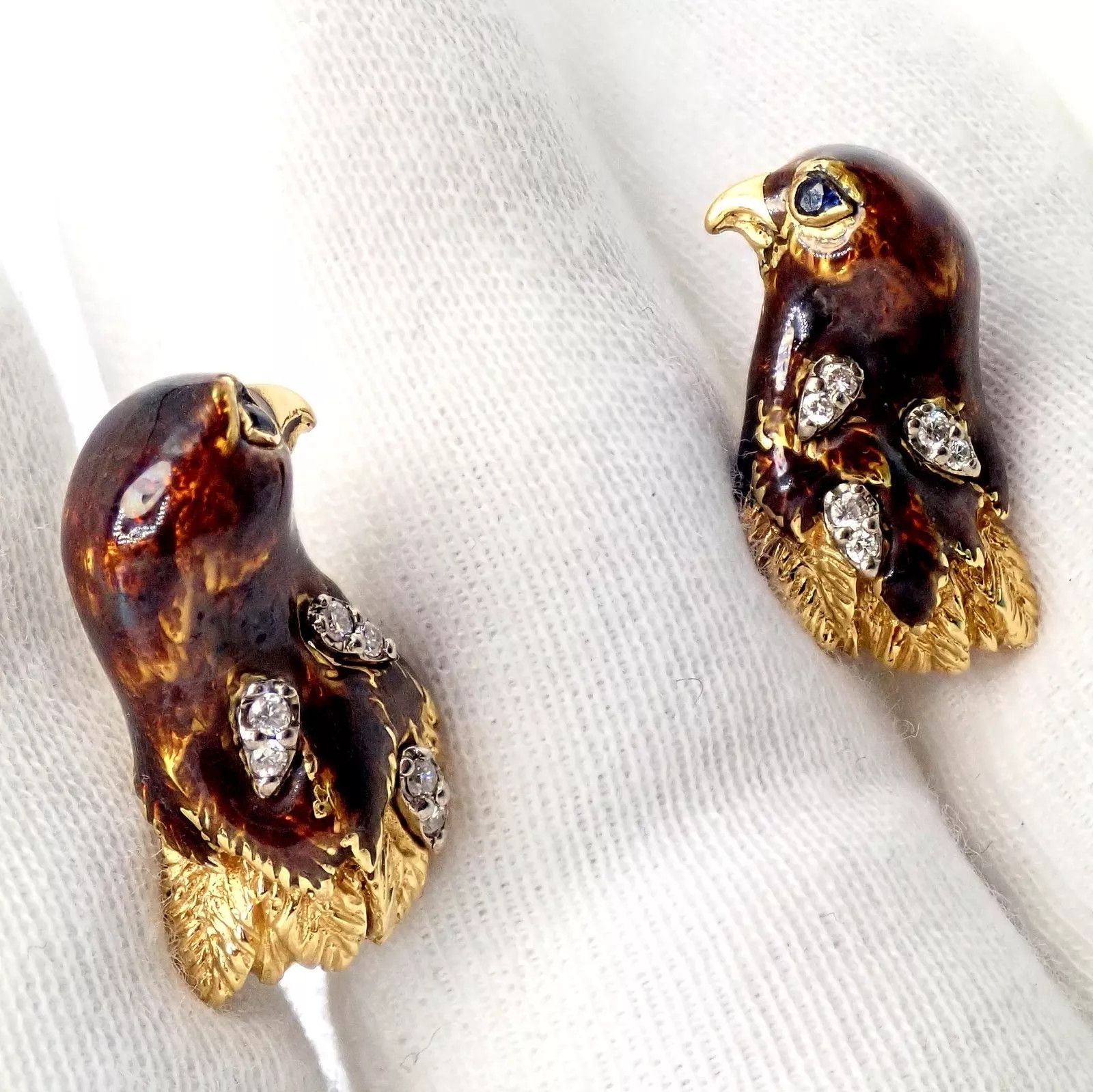 Tiffany & Co. 18k Yellow Gold Diamond Enamel Falcon Eagle Bird Cufflinks Size ONE SIZE - 5 Thumbnail