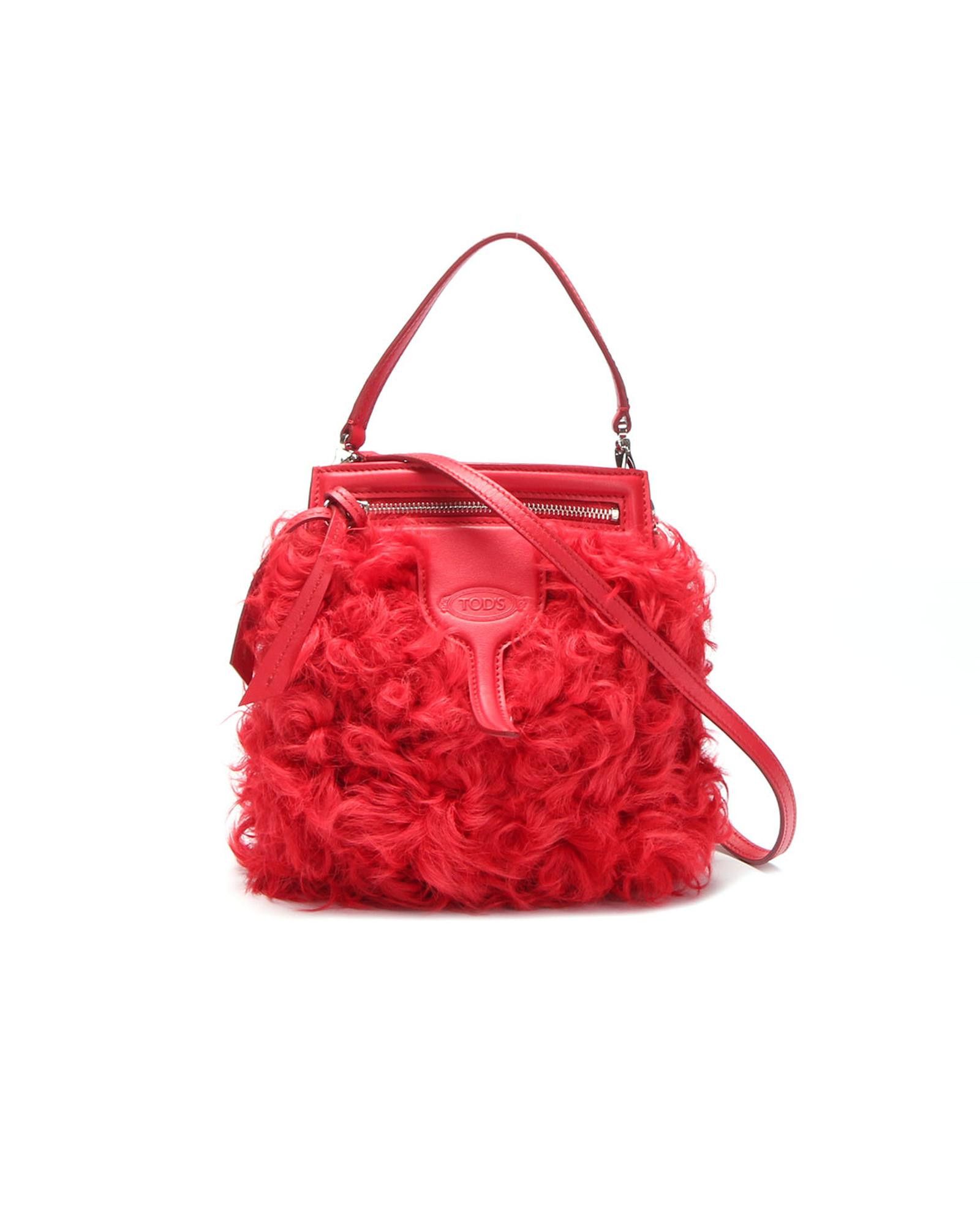 image of Tods Red Fluffy Fur Handbag, Women's