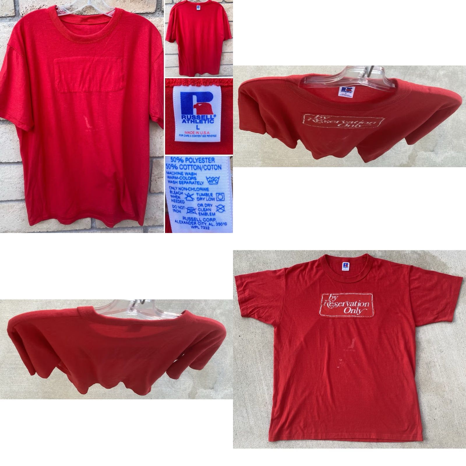 Vintage VINTAGE Russell Athletic By Reservation Only T Shirt Red L Mens 80s 90s Graphic Print Short Sleeve Crew Neck Size US L / EU 52-54 / 3 - 9 Thumbnail