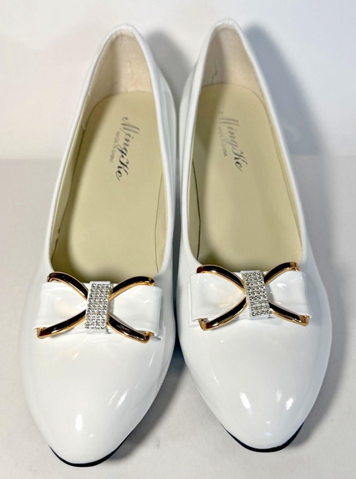 Other MING KE Heel Pumps Slip on Gold Bow Rhinestone Shoes White Size US 10 / IT 40 - 2 Thumbnail