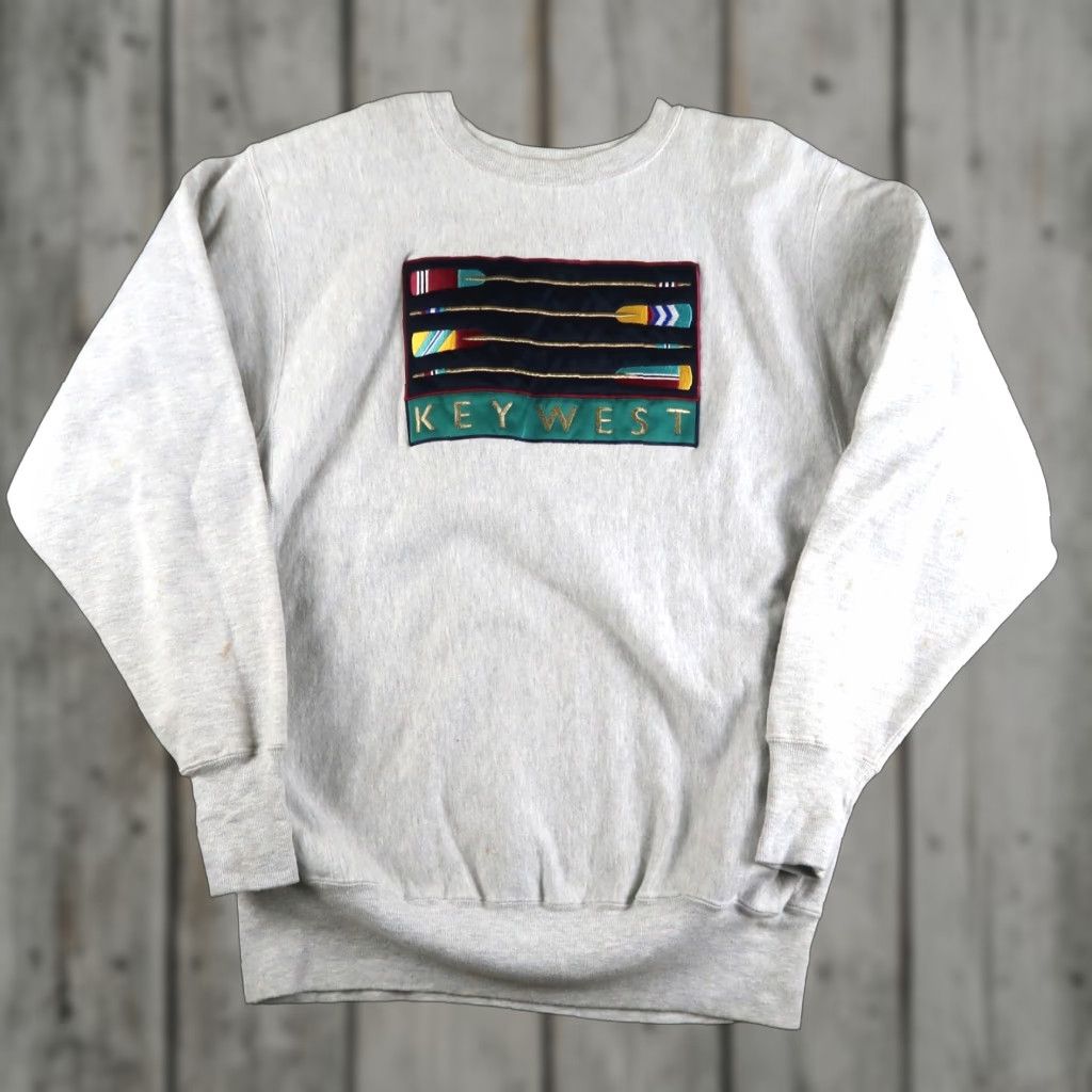 Champion VINTAGE Champion Sweatshirt 2XL Crew Neck Logo Key West Reverse Weave USA 90s Mens Gray Cotton Blend Knit Pullover Size US XXL / EU 58 / 5 - 1 Thumbnail