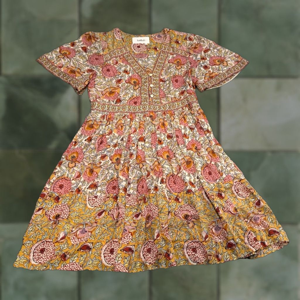 ba&sh BA&SH Valia Mini Dress Ocre Floral V-Neck Short Sleeve Zip Button Multicolor Boho S Womens Size S / US 4 / IT 40 - 1 Thumbnail