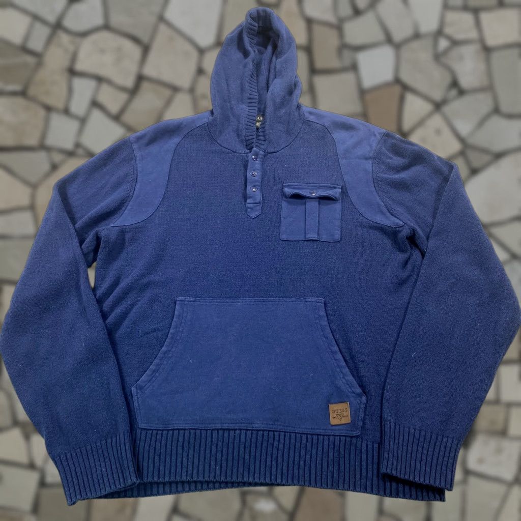 Guess VINTAGE GUESS Hoodie Mens XL Blue Henley Knit Sweater Y2K Adult Size US XL / EU 56 / 4 - 1 Thumbnail