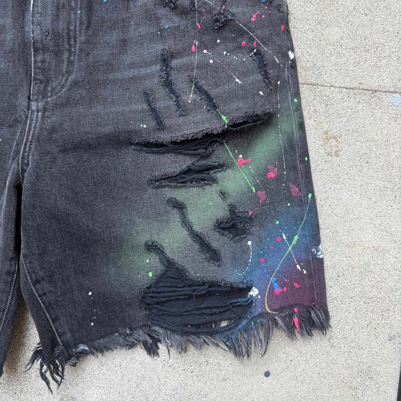 AMIRI Distressed Thrasher Graffiti Black Denim Jean Shorts