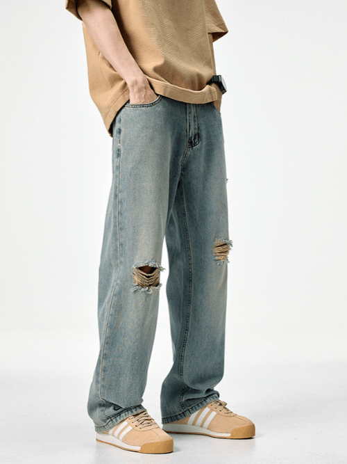 Japanese Brand × Jean Men's straight-leg trendy versatile ripped wide-leg jeans Size US 32 / EU 48 - 4 Thumbnail