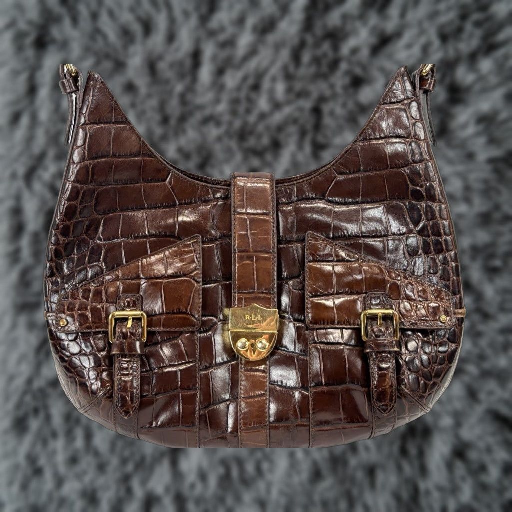 Ralph Lauren Lauren Ralph Lauren Croc Embossed Leather Hobo Purse Brown Shoulder Bag Women Medium Croc Brown Leather Gold Hardware 90s Designer Old Money Size ONE SIZE - 1 Thumbnail