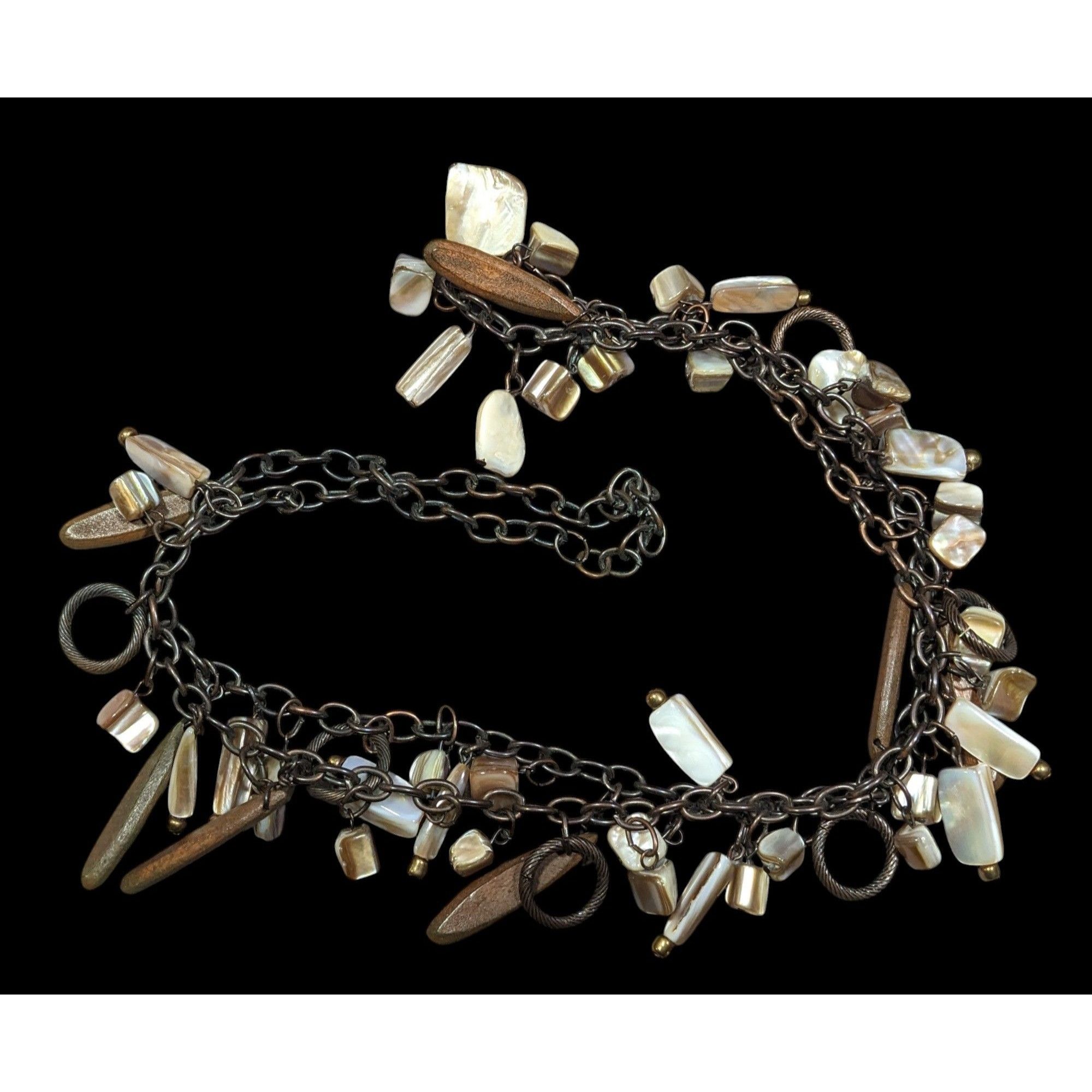 Vintage Beachy Bohemian Shell And Wood Charm Fringe Necklace