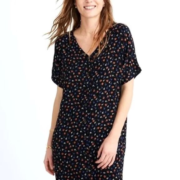Madewell Madewell Mini Dress Womens XXS Black Floral Short Sleeve Button Down Casual Sundress Size 26" / US 2 / IT 38 - 2 Thumbnail