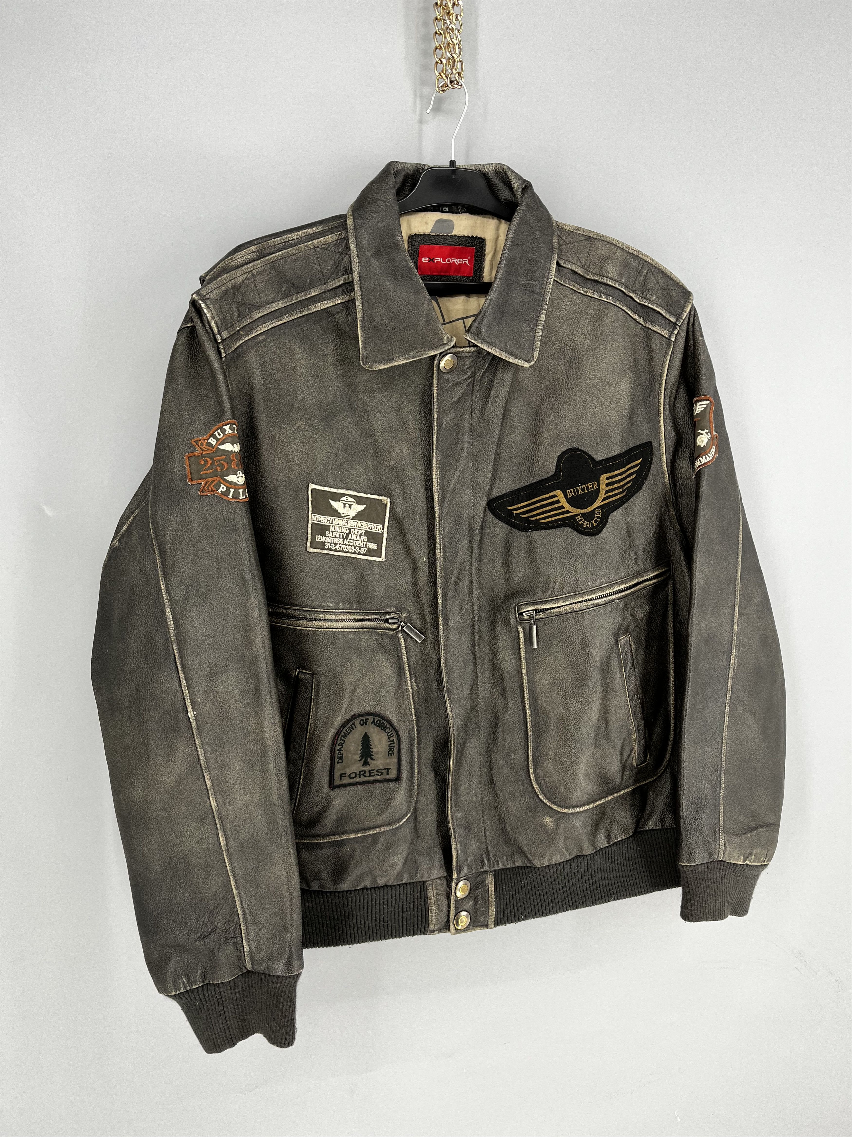 Vintage Explorer Vtg Leather Bomber Jacket – Distressed Patina 90s Size US XXL / EU 58 / 5 - 2 Thumbnail