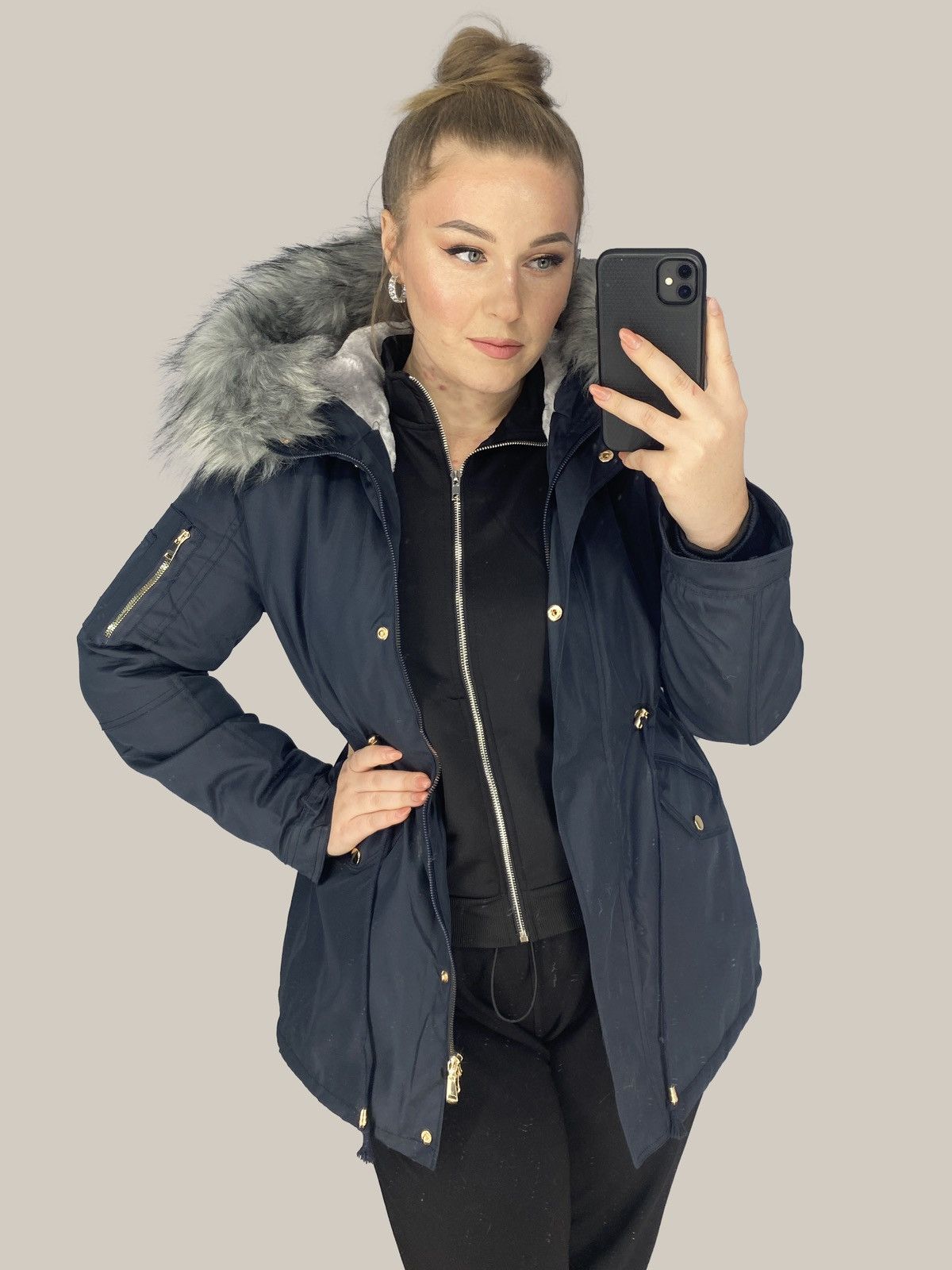 Other Navy Fur-Trimmed Jacket – Chic and Warm Size L / US 10 / IT 46 - 1 Thumbnail