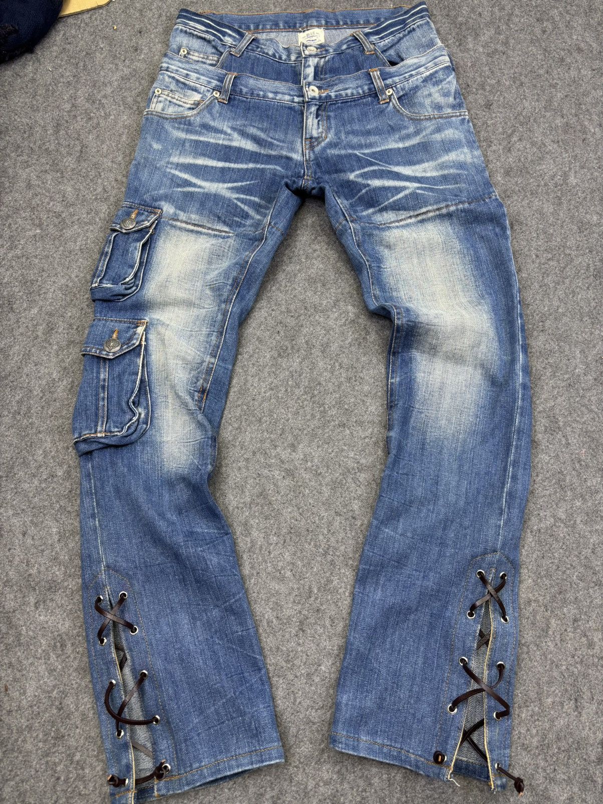 Japanese Brand Flare Lace Up Mangrove Double Waist Stone Wash Denim F812 Size US 32 / EU 48 - 10 Thumbnail