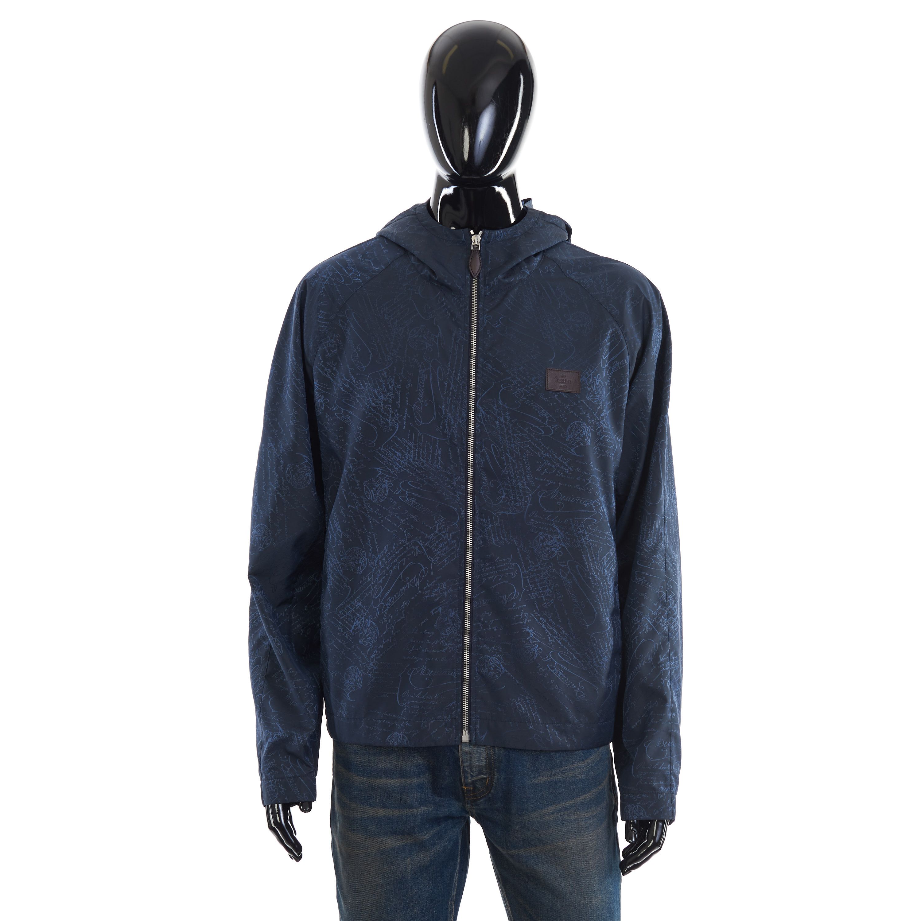 image of Berluti Indigo Blue Nylon Scritto B-Way Jacket Size 54 in Washed Indigo Blue, Men's