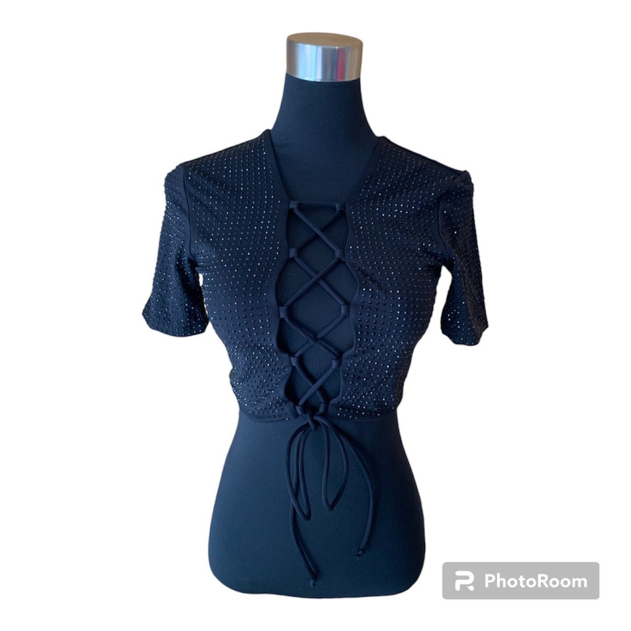 Vintage Y2K Hand Beaded Black Gemstone Crop Top with Ties Size M / US 6-8 / IT 42-44 - 1 Thumbnail