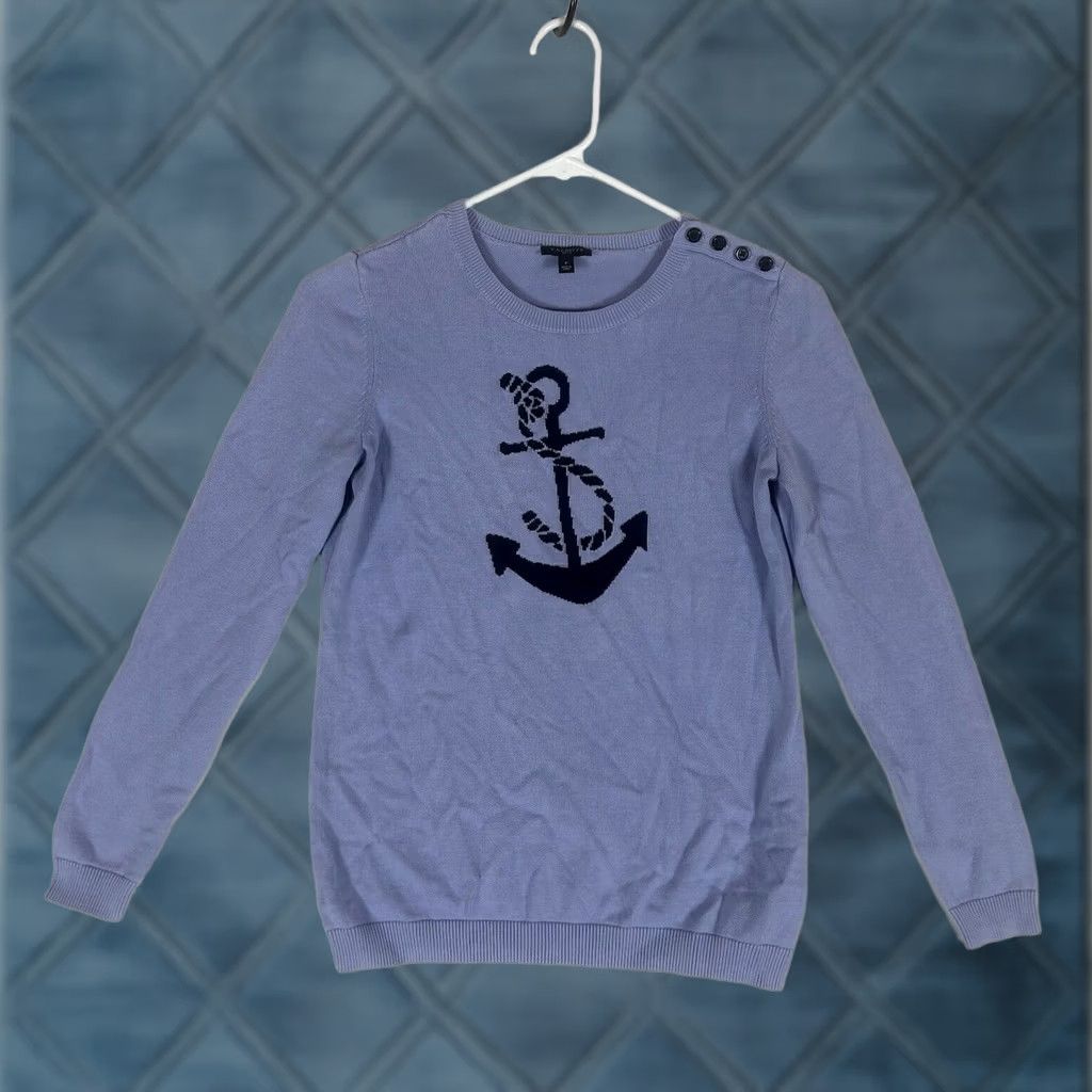 Talbots Talbots Women's Crewneck Sweater Petite P Blue Anchor Nautical Pullover Casual, Knit, Cotton, Long Sleeve, Solid, Navy/Blue, Nautical, Size XXS / US 00 / IT 34 - 1 Thumbnail