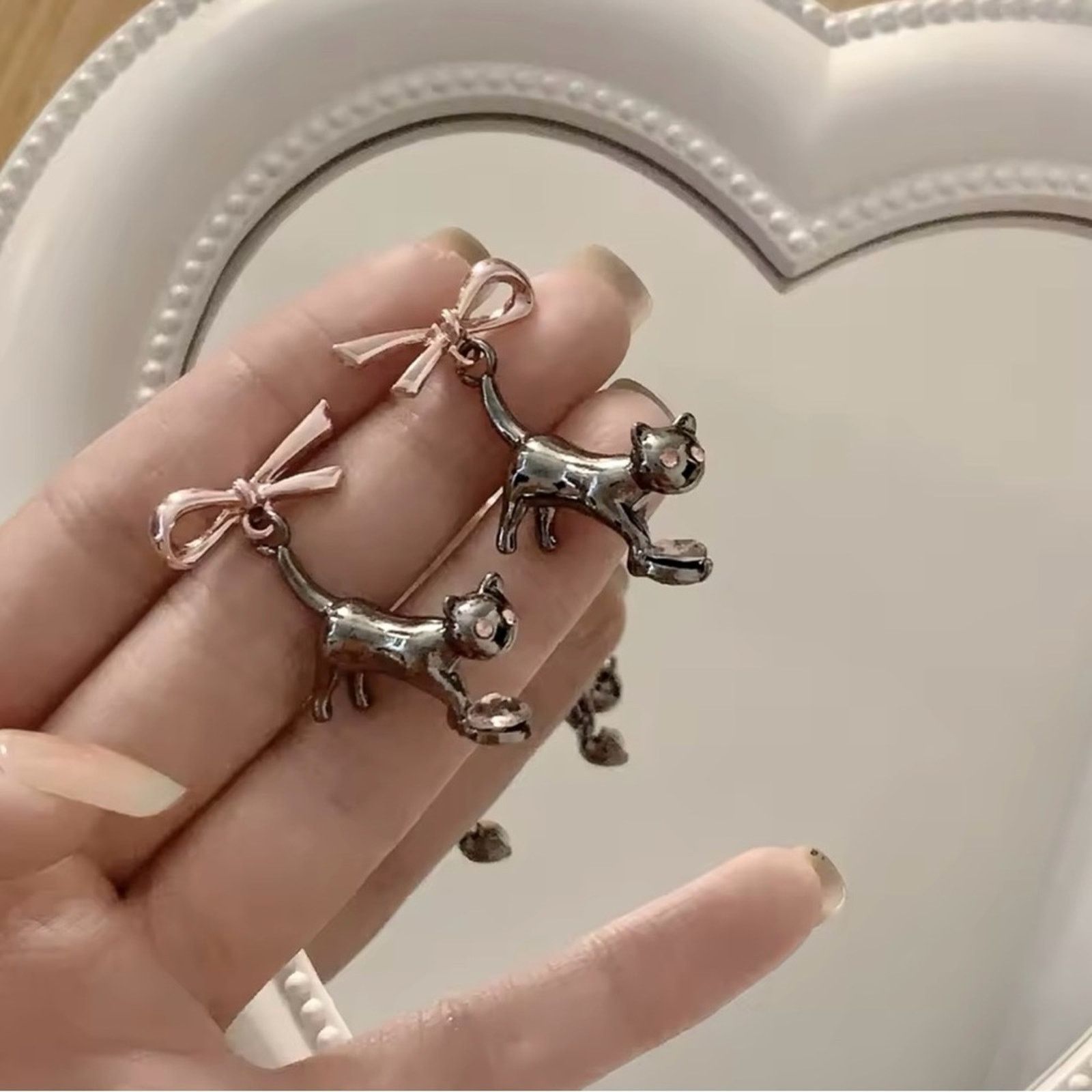 Other Black kitten Pink Heart Rhinestone Bow Drop Earring Size ONE SIZE - 1 Thumbnail
