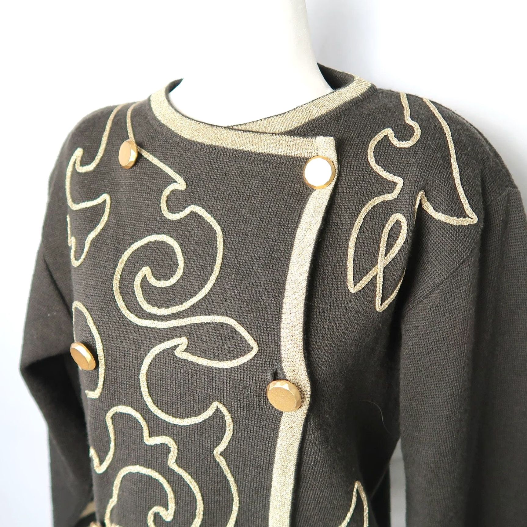 Vintage VINTAGE Classiques Merino Wool Knit Jacket XS Black Military/Landgirl 1980s Gold Trim Buttoned Cardigan Size XS / US 0-2 / IT 36-38 - 2 Thumbnail