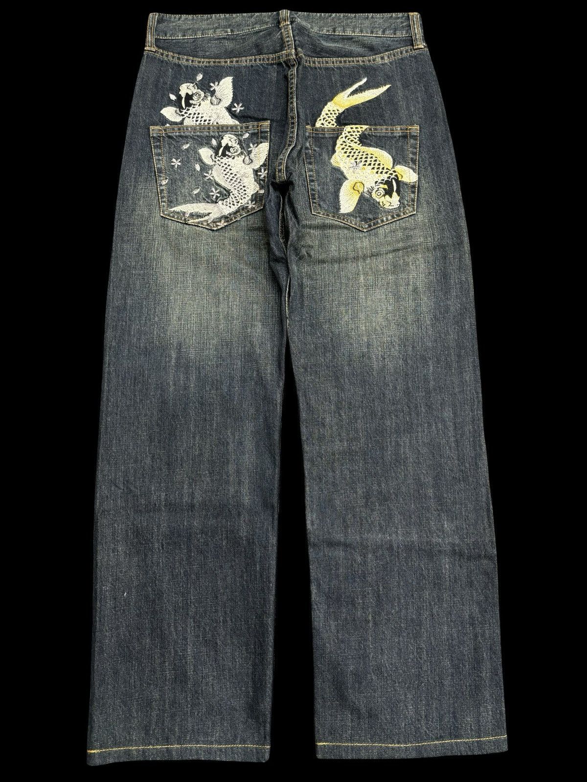Designer 💥Japanese Brand Koi Fish Embroidery Double Pocket Denim F542 Size US 31 - 1 Thumbnail