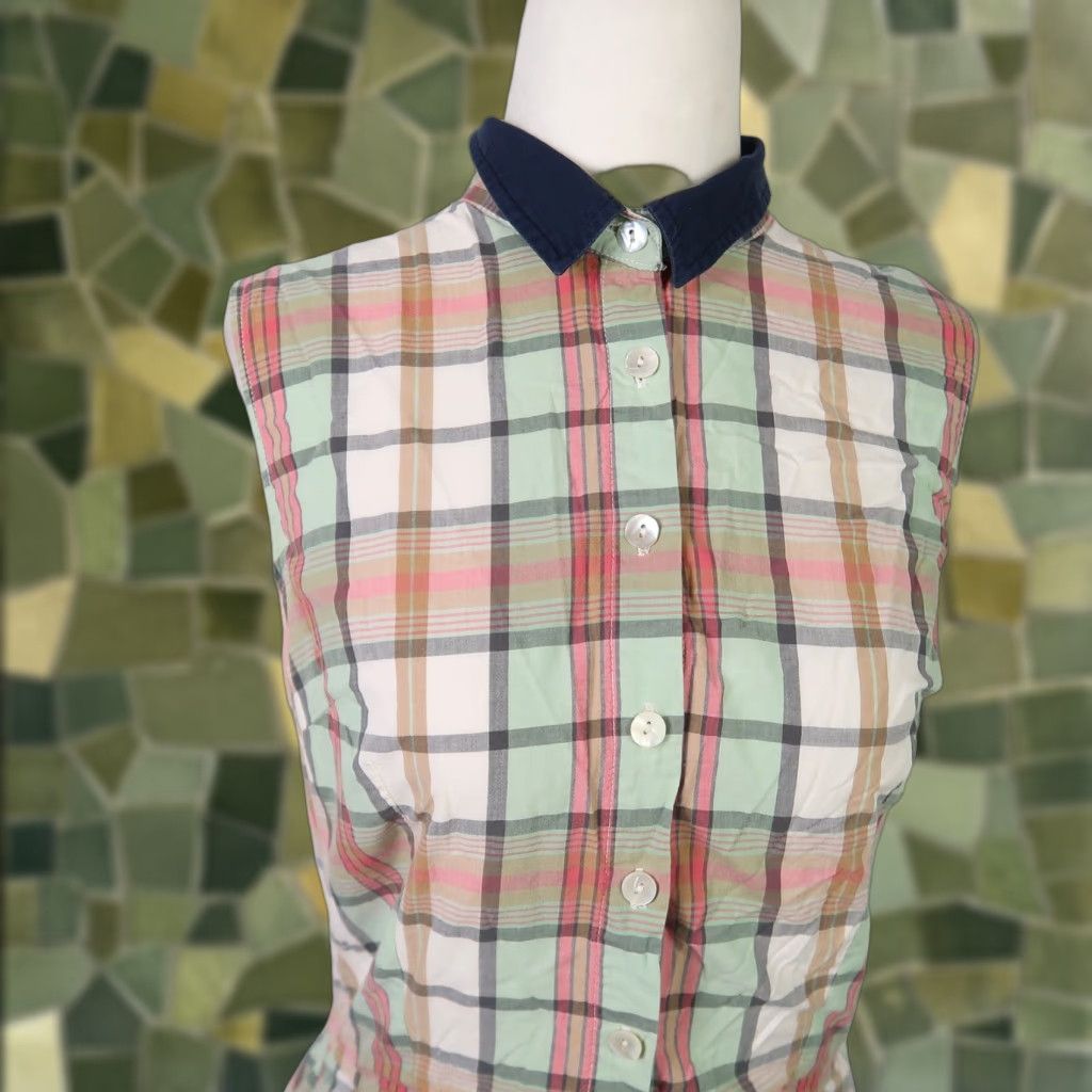 Vintage VINTAGE Eshakti Shirt Dress Midi Cotton Plaid Cream Red Green Navy Button Sleeveless A-Line Womens S Size S / US 4 / IT 40 - 1 Thumbnail