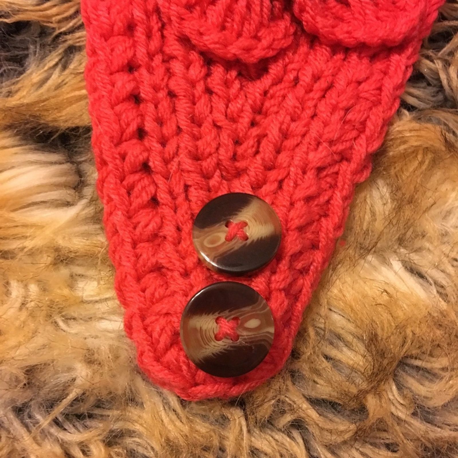Handmade Knitted ear warmer head wrap orange and beige button close Size ONE SIZE - 4 Thumbnail