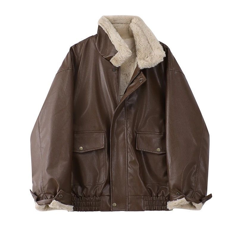 Other Winter Fur PU Leather Vintage Motorcycle Jacket Coat Unisex Size ONE SIZE - 1 Thumbnail